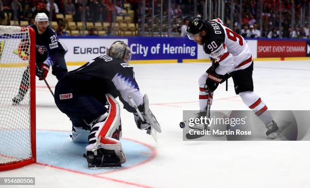 Keith Kinkaid, goaltender of United States makes a save on Ryan O'Reilly of Canada during the 2018 IIHF Ice Hockey World Championship group stage...