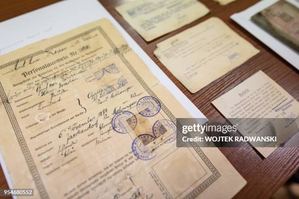 Documents and other personal belongings of Graf Hans Joachim von Finckenstein are seen on May 4, 2018 in Ilawa, northern Poland. - "This is a very...