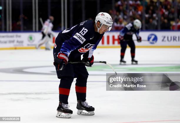 Johnny Gaudreau of United States reacts during the 2018 IIHF Ice Hockey World Championship group stage game between United States and Canada at Jyske...