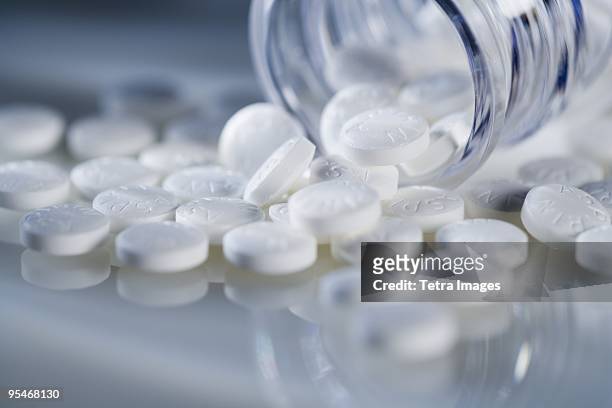pills from a bottle - aspirina imagens e fotografias de stock