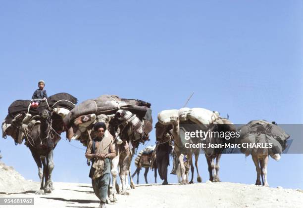 Nomades Kuchis sur une route dans la région de Bâmiyân, en novembre 1976, Afghanistan.