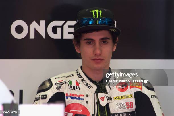 Niccolo Antonelli of Italy and Sic 58 Squadra Corse Honda looks on in box during the MotoGp of Spain - Free Practice at Circuito de Jerez on May 4,...