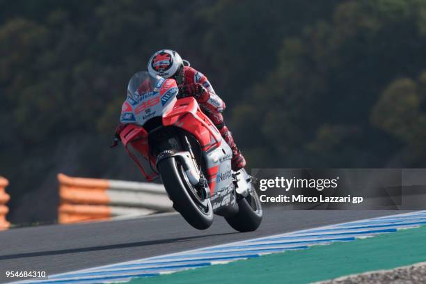 Jorge Lorenzo of Spain and Ducati Team lifts the front wheel during the MotoGp of Spain - Free Practice at Circuito de Jerez on May 4, 2018 in Jerez...