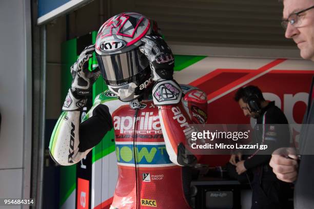 Aleix Espargaro of Spain and Aprilia Racing Team Gresini prepares to start from box during the MotoGp of Spain - Free Practice at Circuito de Jerez...
