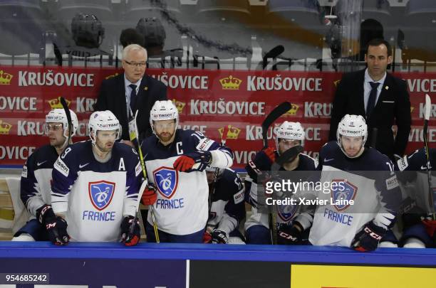 Damien Fleury of France react with captain Stephane Da Costa during the 2018 IIHF Ice Hockey World Championship Group A between Russia and France at...