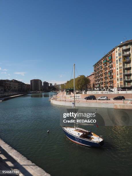 Darsena, old boathouse restored, Navigli canal, Porta Ticinese district, Milan, Lombardy, Italy, Europe.