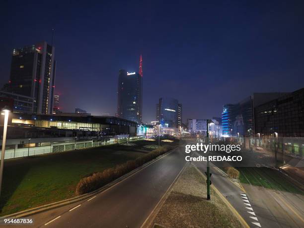 Porta Nuova district and Porta Garibaldi Rail Station at dusk, Milan, Lombardy, Italy, Europe.