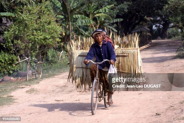 Femme transportant des morceaux de toit à vélo, dans la région de Siem Reap, Cambodge.