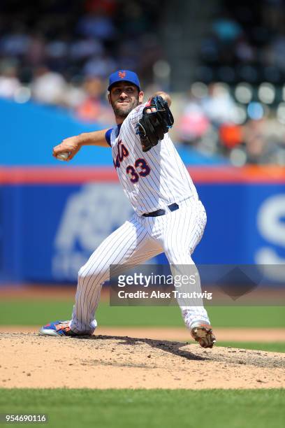 Matt Harvey of the New York Mets pitches during the game against the Atlanta Braves at Citi Field on Thursday, May 3, 2018 in the Queens borough of...