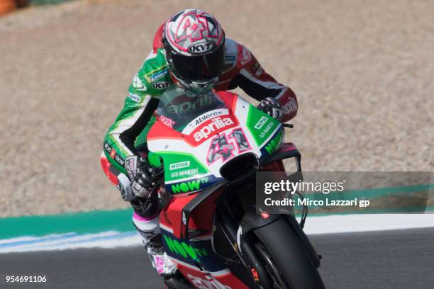 Aleix Espargaro of Spain and Aprilia Racing Team Gresini heads down a straight during the MotoGp of Spain - Free Practice at Circuito de Jerez on May...