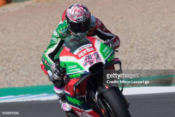 Aleix Espargaro of Spain and Aprilia Racing Team Gresini heads down a straight during the MotoGp of Spain - Free Practice at Circuito de Jerez on May...