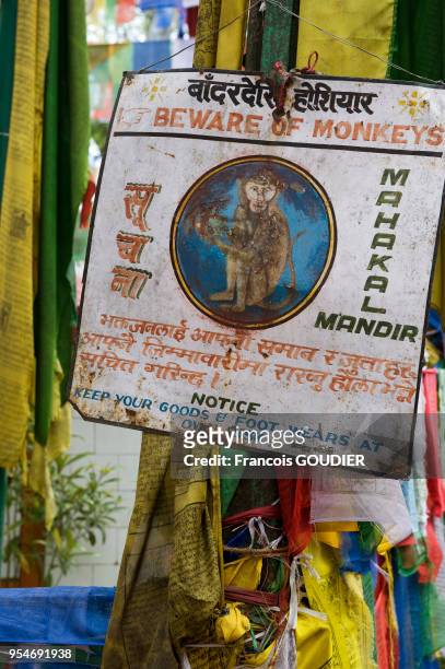Plaque émaillée d'avertissement par rapport aux singes près du Monastère Bhutia Busty à Darjeeling au Bengale Occidental en mai 2009, Inde.