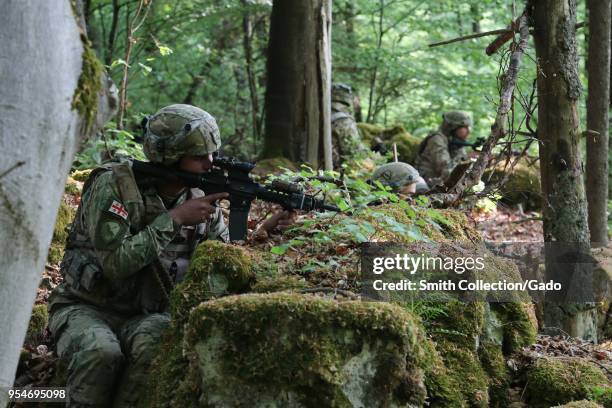 Georgian Army soldiers from Alpha Company, 12th Battalion, 1st Infantry Brigade watch over a ridge, Hohenfels, Germany, May 3, 2018. Image courtesy...