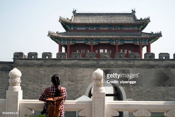 girl photographer traveling in chinese ancient architecture - human body part stock pictures, royalty-free photos & images