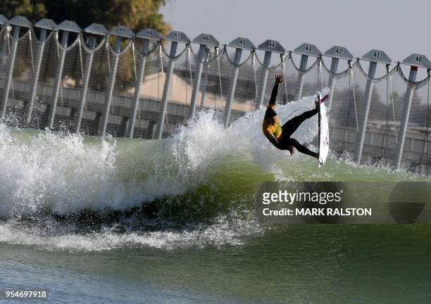 Adriano de Souza of Brazil gets air during team practice, before the WSL Founders' Cup of Surfing, at the Kelly Slater Surf Ranch in Lemoore,...