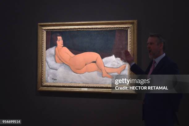 "Nu Couche" by Amedeo Modigliani is seen during a Sotheby's preview of the May Evening Sale of Impressionist and Modern Art, in New York on May 4,...