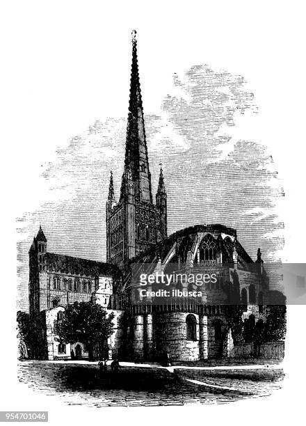 antique engraving illustration: norwich cathedral - norwich cathedral stock illustrations