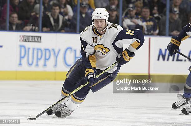 Tim Connolly of the Buffalo Sabres handles the puck against the St. Louis Blues on December 27, 2009 at Scottrade Center in St. Louis, Missouri.