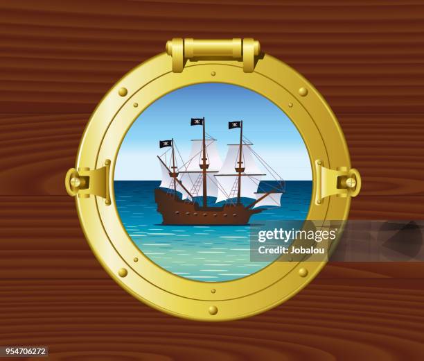 ancient nautical hatch - sea view from window stock illustrations