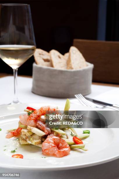 Salad of shrimp and artichokes, Pasta Madre restaurant, Francesco Costanzo chef, Pasta Madre restaurant, Milan, Lombardy, Italy, Europe.