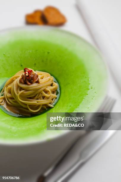 Linguine pasta with sea urchins, Viviana Varese chef, Ristorante Alice restaurant, Milan, Lombardy, Italy, Europe.