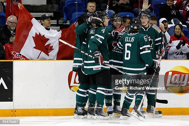 Nazem Kadri of Team Canada celebrates his second period goal with team mates during the 2010 IIHF World Junior Championship Tournament game against...