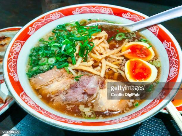 japanese ramen fish stock soup with pork and egg toppings - char siu pork stock pictures, royalty-free photos & images