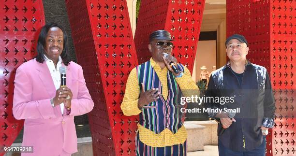 Recording artists Verdine White, Philip Bailey, and Ralph Johnson of Earth, Wind & Fire attend a photocall at The Venetian Las Vegas for the band's...