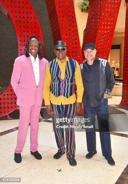 Recording artists Verdine White, Philip Bailey, and Ralph Johnson of Earth, Wind & Fire attend a photocall at The Venetian Las Vegas for the band's...