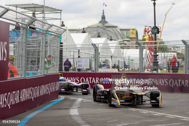 Jean Eric Vergne of Techeetah during the 2018 FIA Formula E Championship Qatar Airways Paris E Prix on April 28, 2018 in Paris, France.