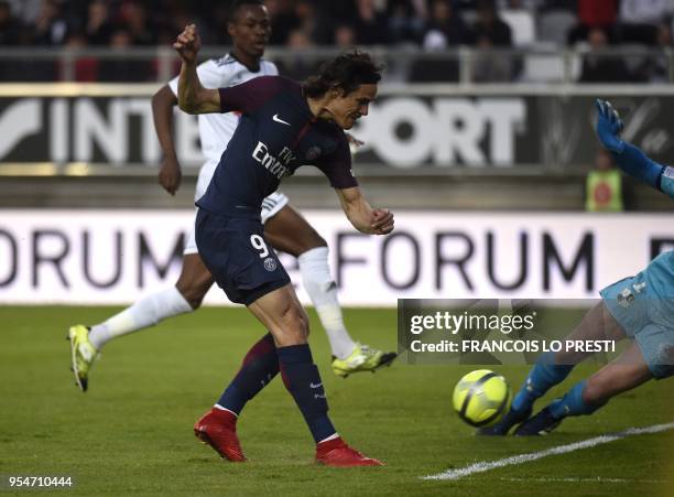 Paris Saint-Germain's Uruguayan forward Edinson Cavani scores during the French L1 football match between Amiens and PSG on May 4, 2018 at the...