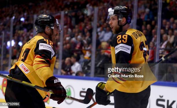Leon Draisaitl of Germany celebrate with team mate Yasin Ehliz after he scores a goal the 2018 IIHF Ice Hockey World Championship group stage game...