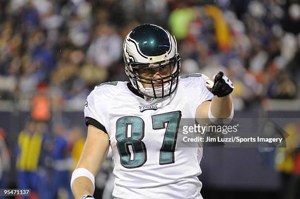 Brent Celek of the Philadelphia Eagles during a NFL game against the New York Giants on December 13, 2009 at Giants Stadium in East Rutherford, New...