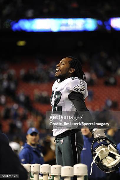 Asante Samuel of the Philadelphia Eagles yells to the crowd during a NFL game against the New York Giants on December 13, 2009 at Giants Stadium in...