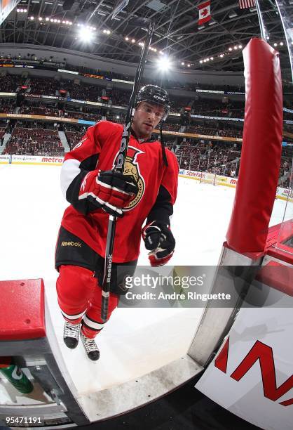 Josh Hennessy of the Ottawa Senators leaves the ice after warmups prior to a game against the Boston Bruins at Scotiabank Place on December 21, 2009...