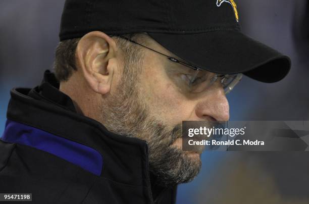 Head Coach Brad Childress of the Minnesota Vikings during a NFL game against the Carolina Panthers at Bank of America Stadium on December 20, 2009 in...