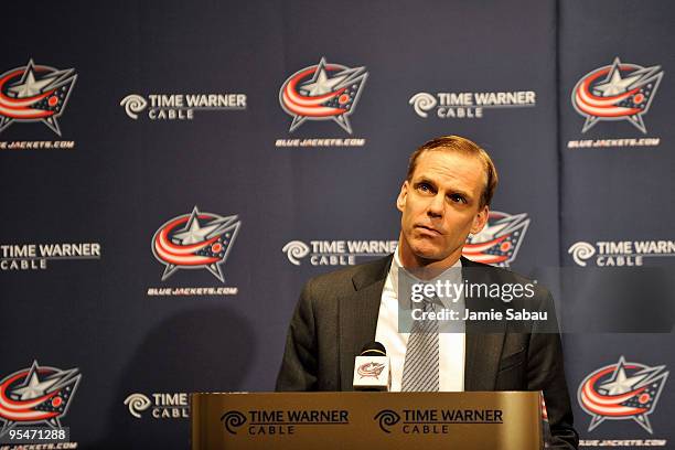 Columbus Blue Jackets General Manager Scott Howson ponders a question from a reporter during a press conference announcing the trading of Jason...