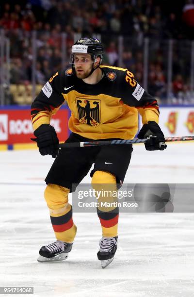 Leon Draisaitl of Germany skates against Denmark during the 2018 IIHF Ice Hockey World Championship group stage game between Germany and Denmark at...