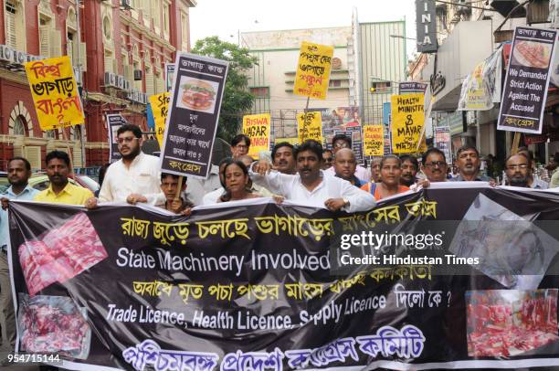 West Bengal Pradesh Congress Committee protest against use of rotten meat from dumping ground in front of Kolkata Municipal Corporation at Esplanade...
