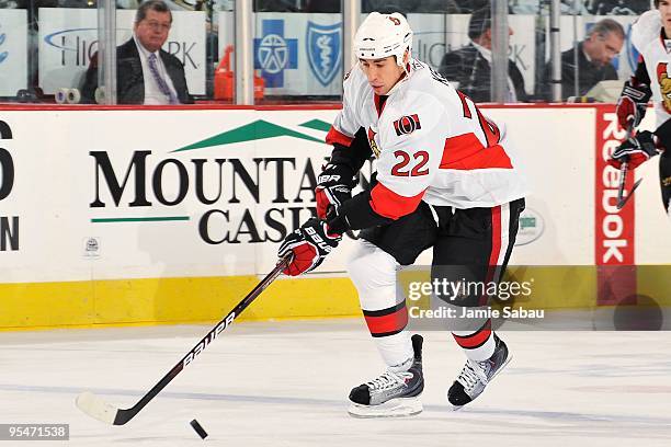 Forward Chris Kelly of the Ottawa Senators skates with the puck against the Pittsburgh Penguins on December 23, 2009 at Mellon Arena in Pittsburgh,...