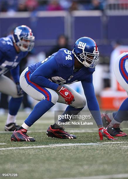 Mathias Kiwanuka of the New York Giants against the Carolina Panthers at Giants Stadium on December 27, 2009 in East Rutherford, New Jersey.