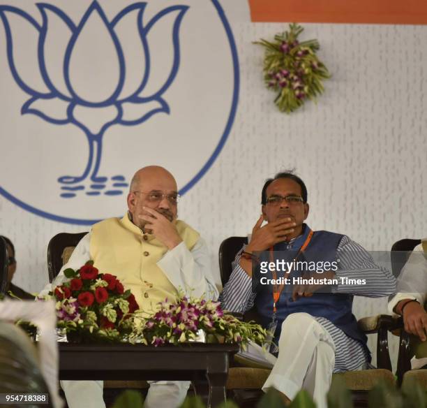 National President Amit Shah and Madhya Pradesh Chief Minister Shivraj Singh Chouhan during BJP state level meeting organised for upcoming Madhya...