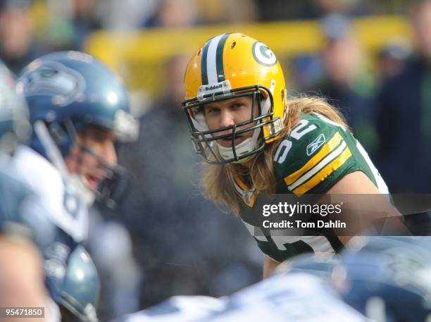 Clay Matthews of the Green Bay Packers eyes the offense during an NFL game against the Seattle Seahawks at Lambeau Field, December 27, 2009 in Green...