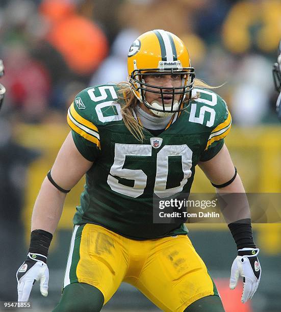 Hawk of the Green Bay Packers eyes the offense during an NFL game against the Seattle Seahawks at Lambeau Field, December 27, 2009 in Green Bay,...