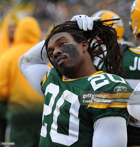 Atari Bigby of the Green Bay Packers rests in the fourth quarter during an NFL game against the Seattle Seahawks at Lambeau Field, December 27, 2009...