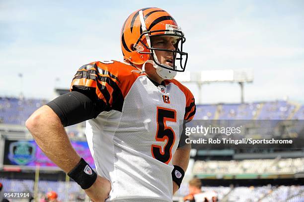 Jordan Palmer of the Cincinnati Bengals looks on from the sidelines against the Baltimore Ravens at M&T Bank Stadium on October 11, 2009 in...