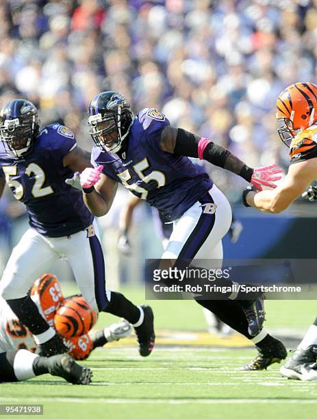 Terrell Suggs of the Baltimore Ravens defends against the Cincinnati Bengals at M&T Bank Stadium on October 11, 2009 in Baltimore, Maryland. The...