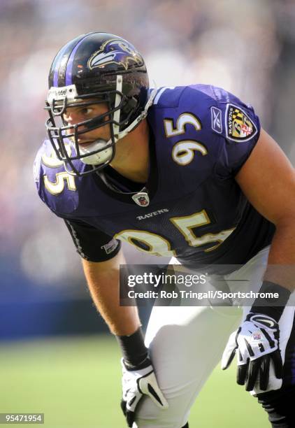 Jarret Johnson of the Baltimore Ravens defends against the Cincinnati Bengals at M&T Bank Stadium on October 11, 2009 in Baltimore, Maryland. The...