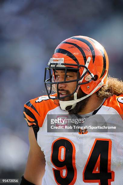 Domata Peko of the Cincinnati Bengals looks on against the Baltimore Ravens at M&T Bank Stadium on October 11, 2009 in Baltimore, Maryland. The...