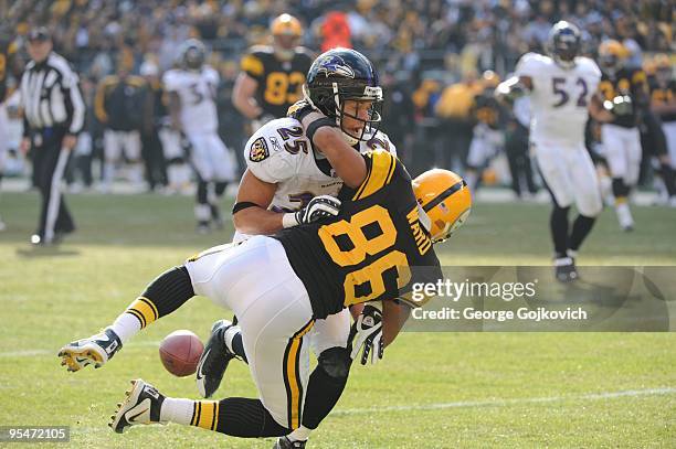 Wide receiver Hines Ward of the Pittsburgh Steelers is hit by cornerback Chris Carr of the Baltimore Ravens during a game at Heinz Field on December...